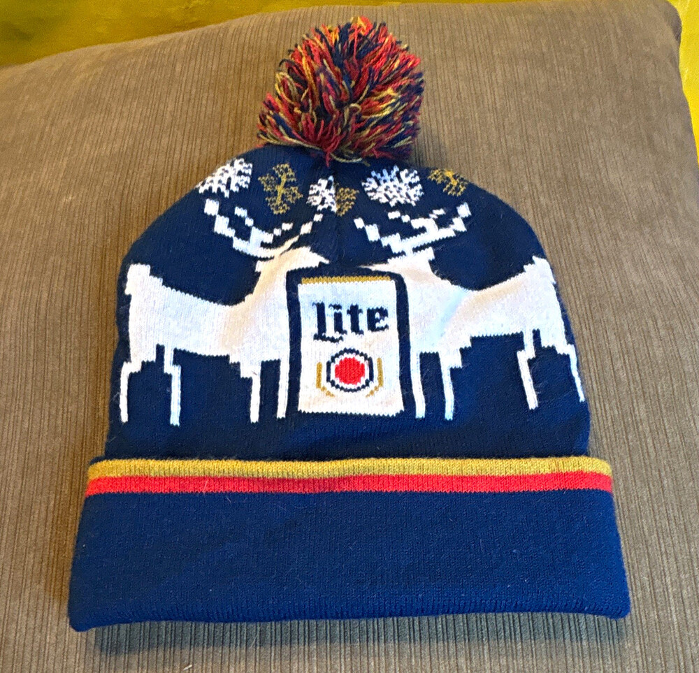 Lite Beer Knit Beanie Pom Pom Winter Hat Moose Reindeer Snowflake Breweriana